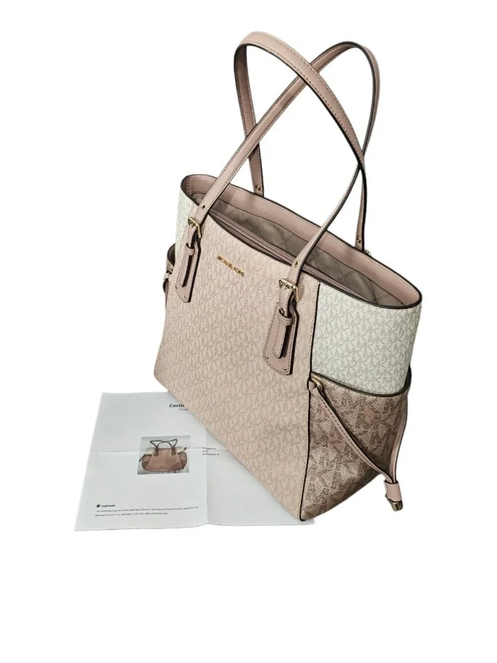Michael Kors Voyager Large Colorblock Metallic Tote bag COA Powder Blush Pink